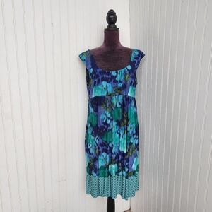 CONNECTED APPAREL Blue Green Floral Scoop Neck Tank Dress Women Stretch Sz 12